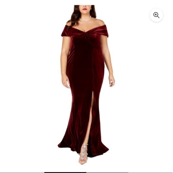 Xscape 16w Off the Shoulder Long Burgundy Velvet Wedding Bridesmaid Gown - Picture 2 of 9